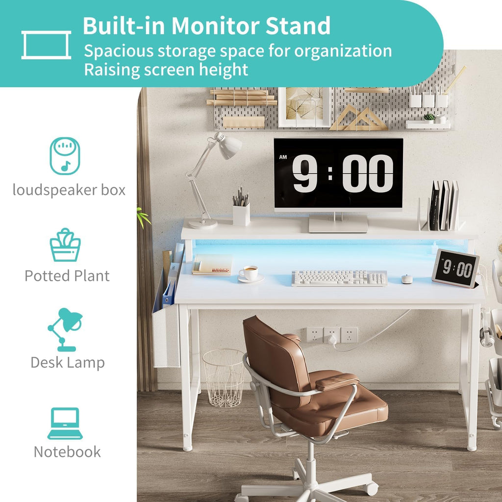 White 40 Inch Computer Desk with LED Lights and Power Outlets K868112