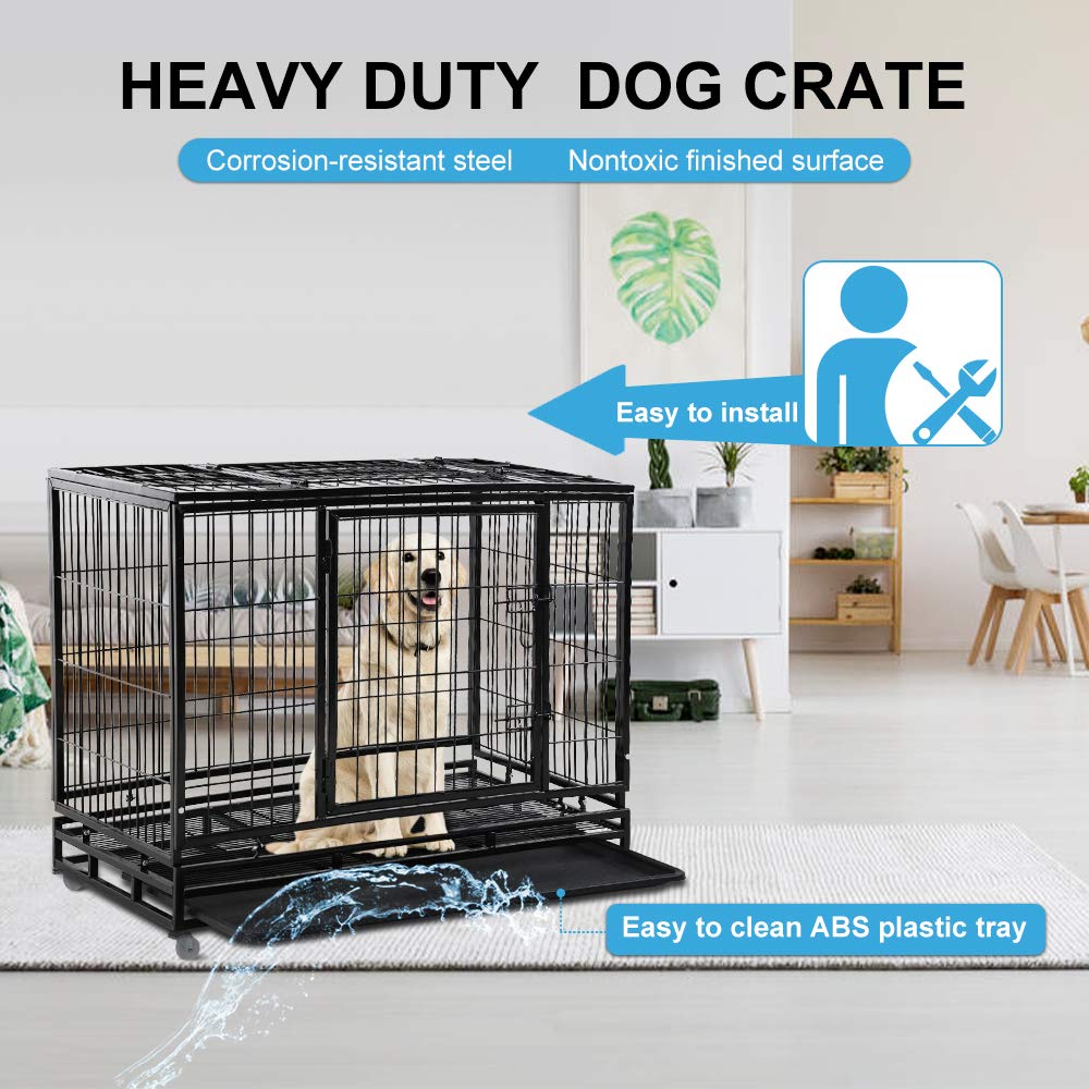 48" Heavy Duty Metal Dog Crate with Lockable Wheels, Double Door & Tray, Black V864