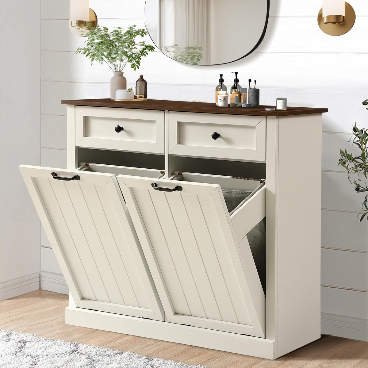 White 22 Gallon Wooden Laundry Hamper Cabinet with 2 Drawers L93363