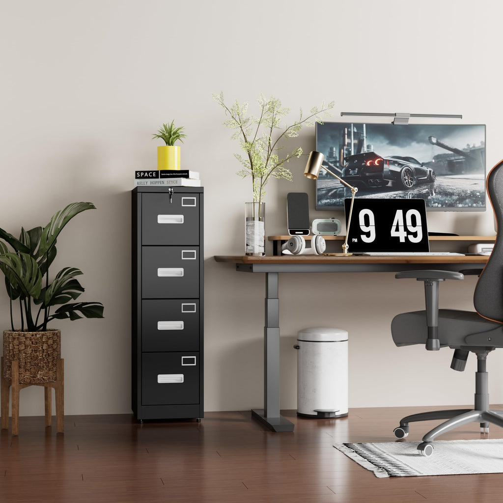 Black 4-Drawer Metal File Cabinet with Lock S86534
