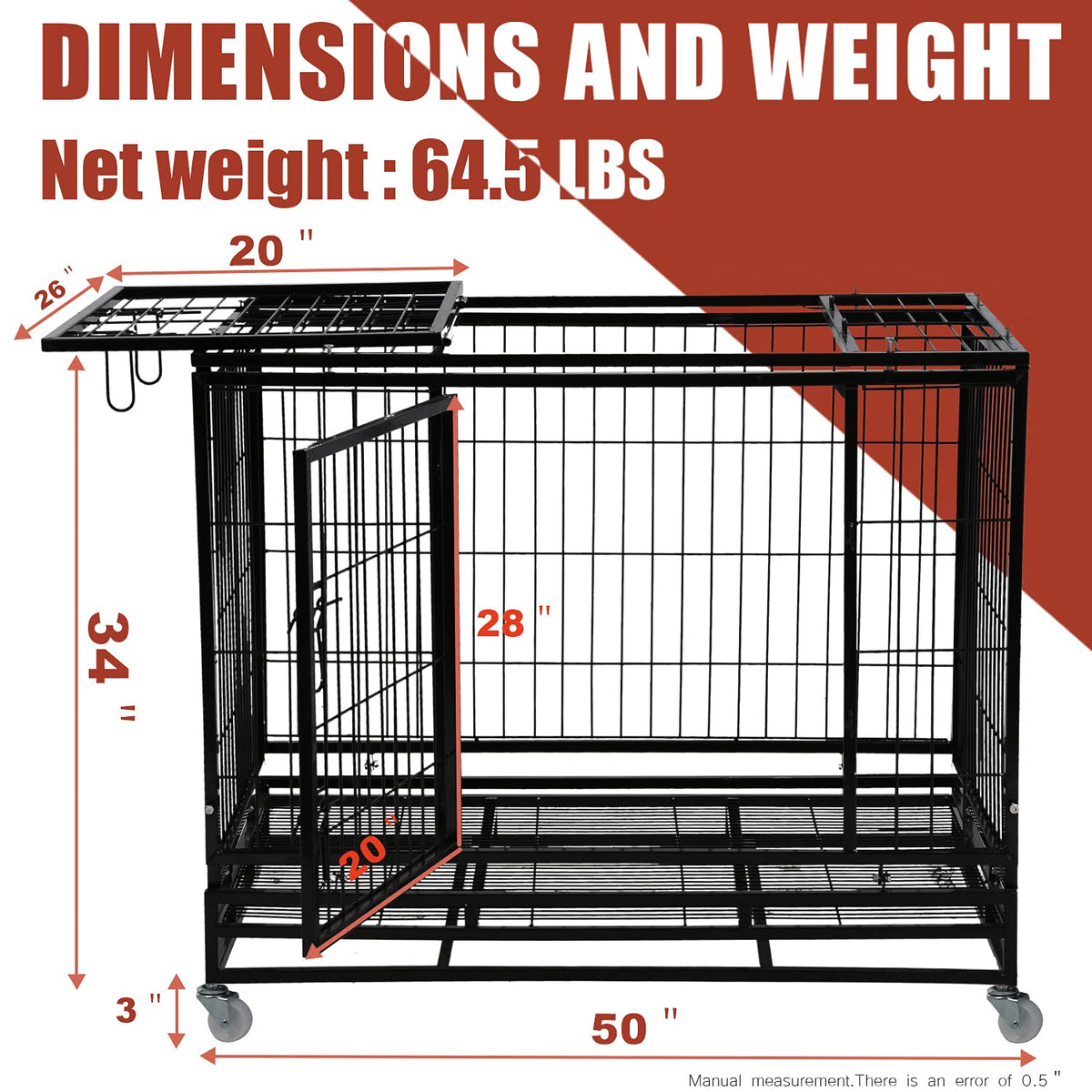 48 inch Heavy Duty Foldable Dog Crate with Lockable Wheels J58152