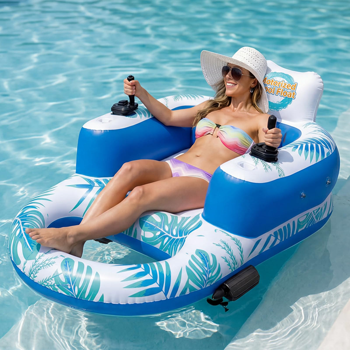 Rechargeable Motorized Pool Float Lounger with Canopy and Cup Holder Q4940