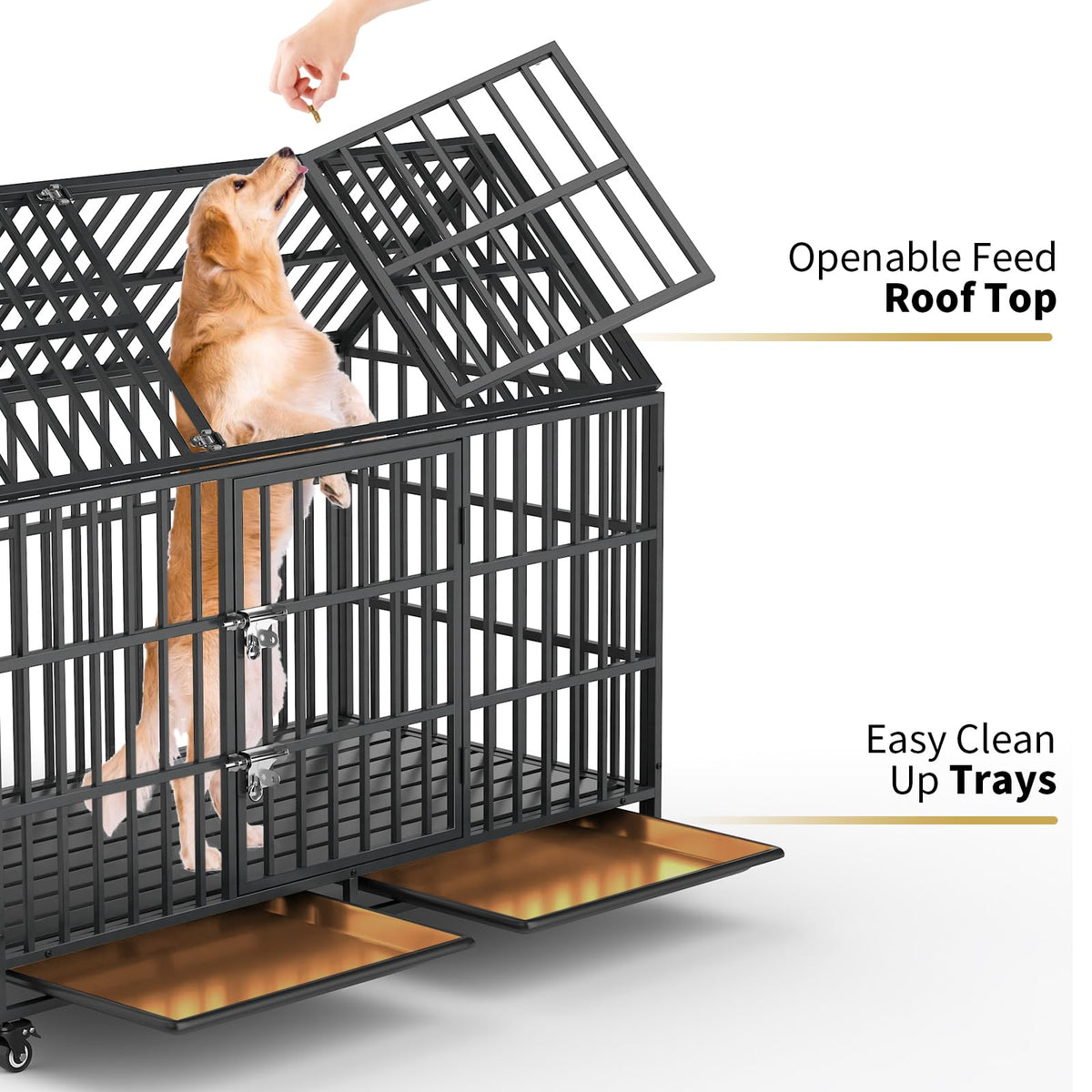 52 Inch Heavy Duty XXL Dog Crate with Open Roof Top, Trays and Wheels S1179