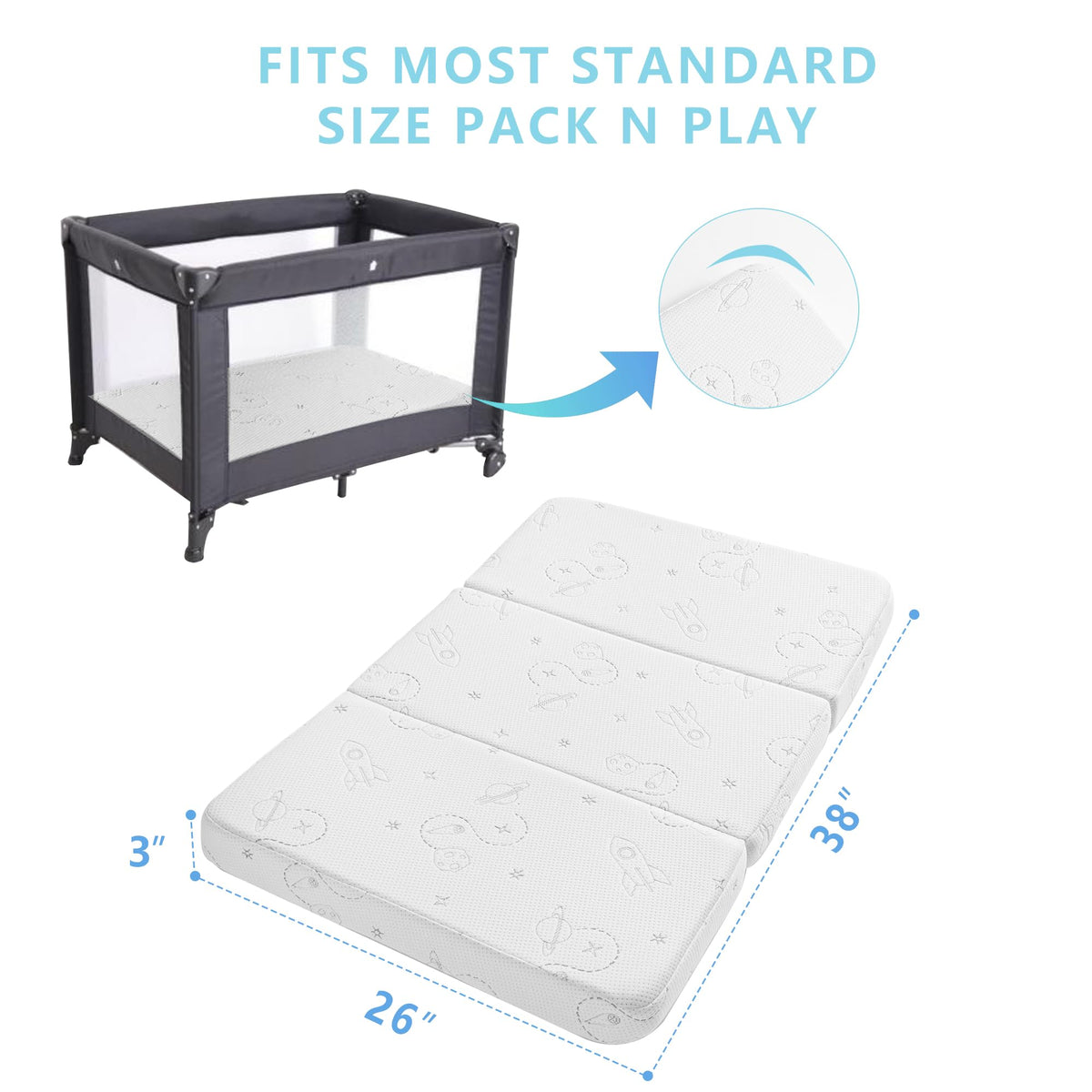 Trifold Pack and Play Mattress 38''x26'' with Washable Cover and Travel Bag N381