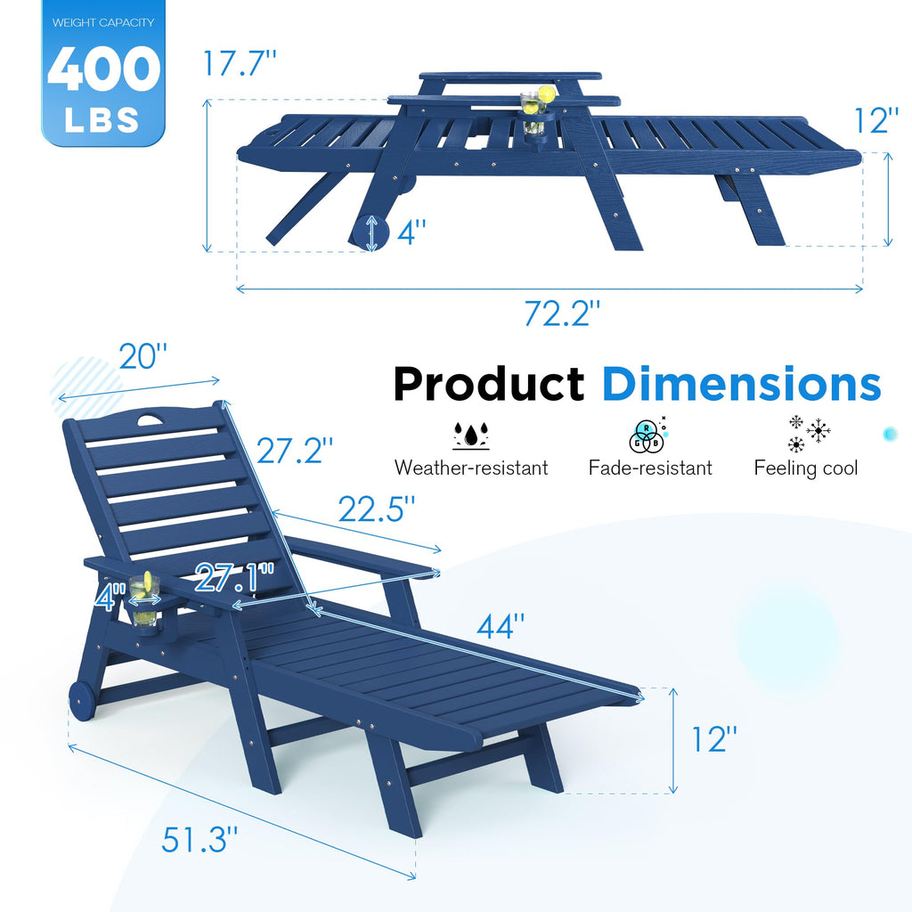 Set of 2 Outdoor Chaise Lounge Chairs with Wheels & Cup Holder K649