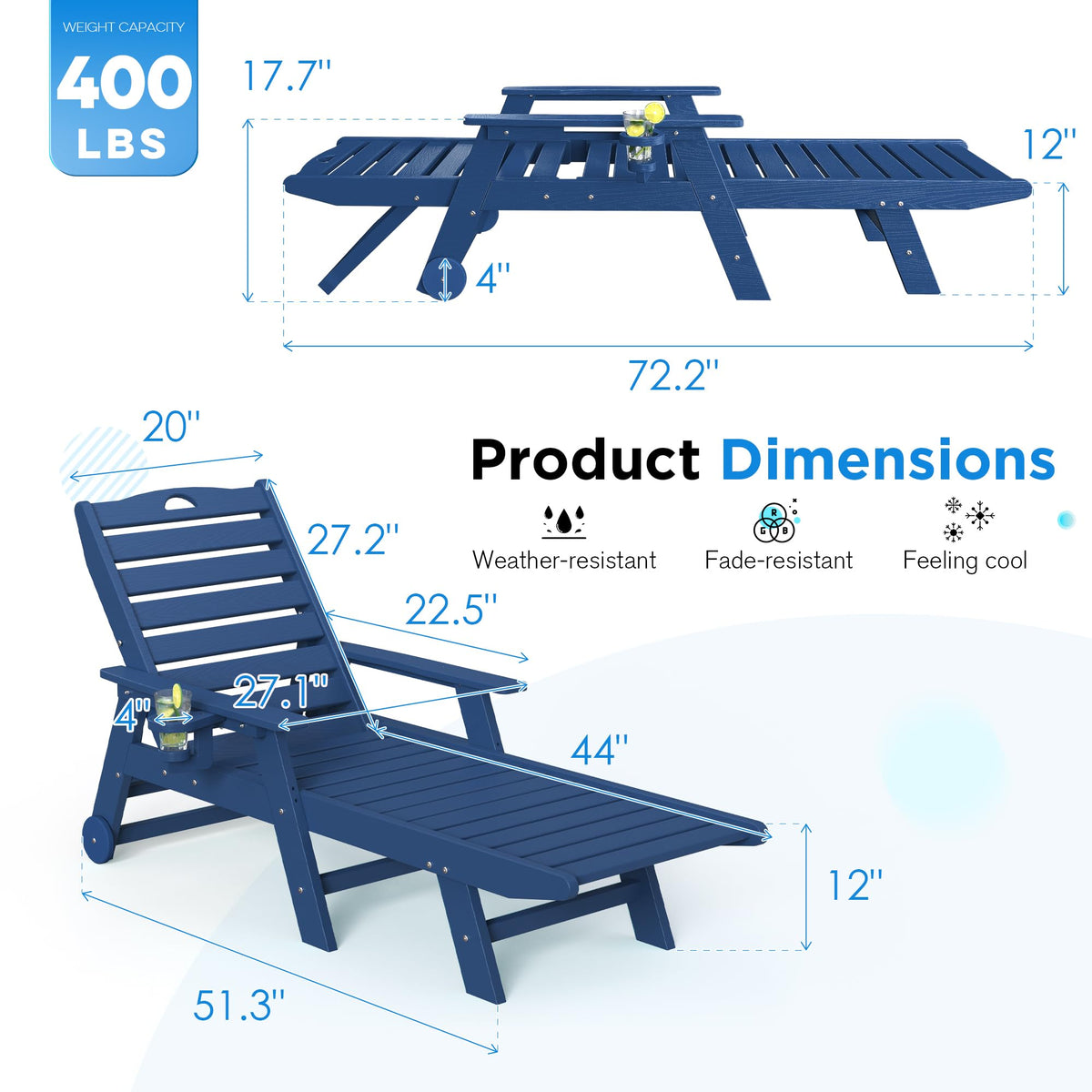 Set of 2 Outdoor Chaise Lounge Chairs with Wheels & Cup Holder K649