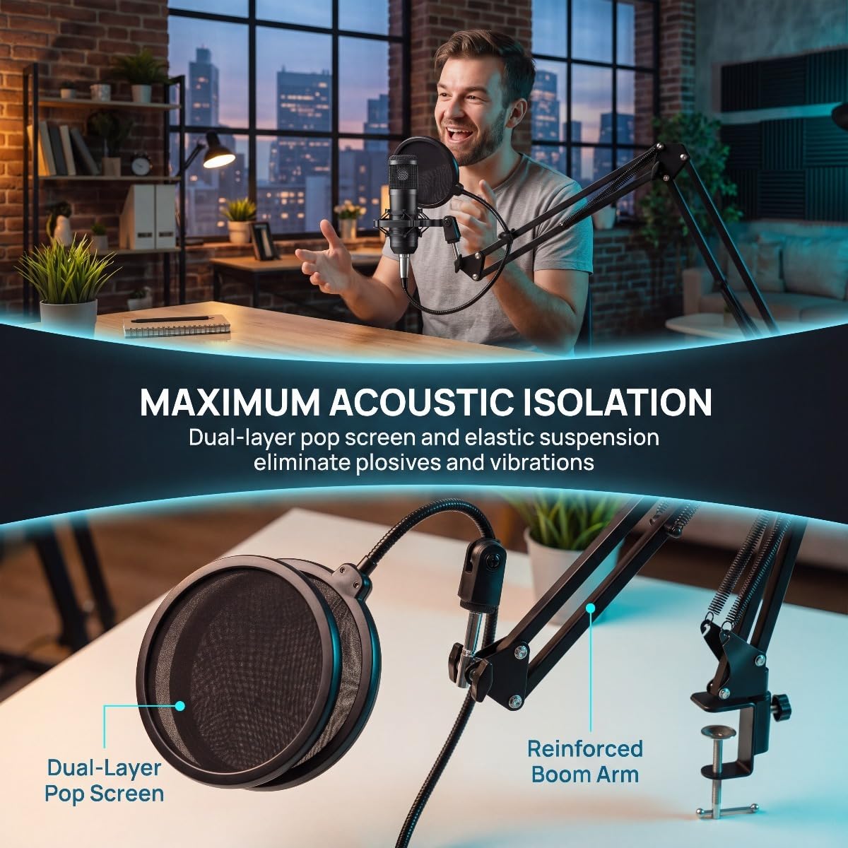 USB Condenser Microphone Kit with Boom Arm, Pop Filter, Shock Mount B828747
