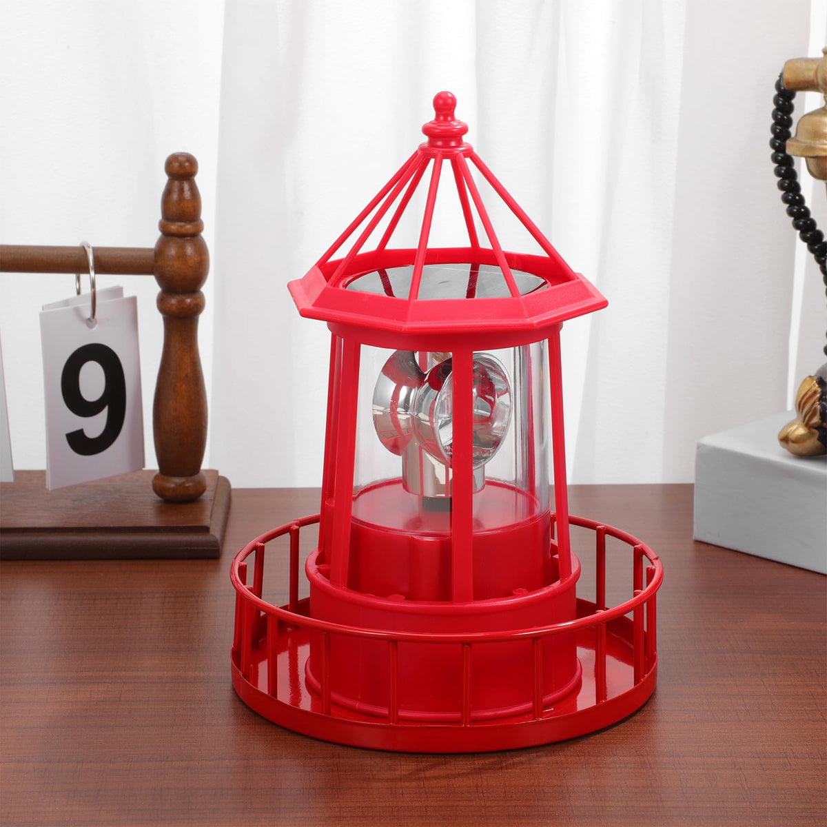 Solar Powered Red Lighthouse Figurine with Rotating Garden Light L22899
