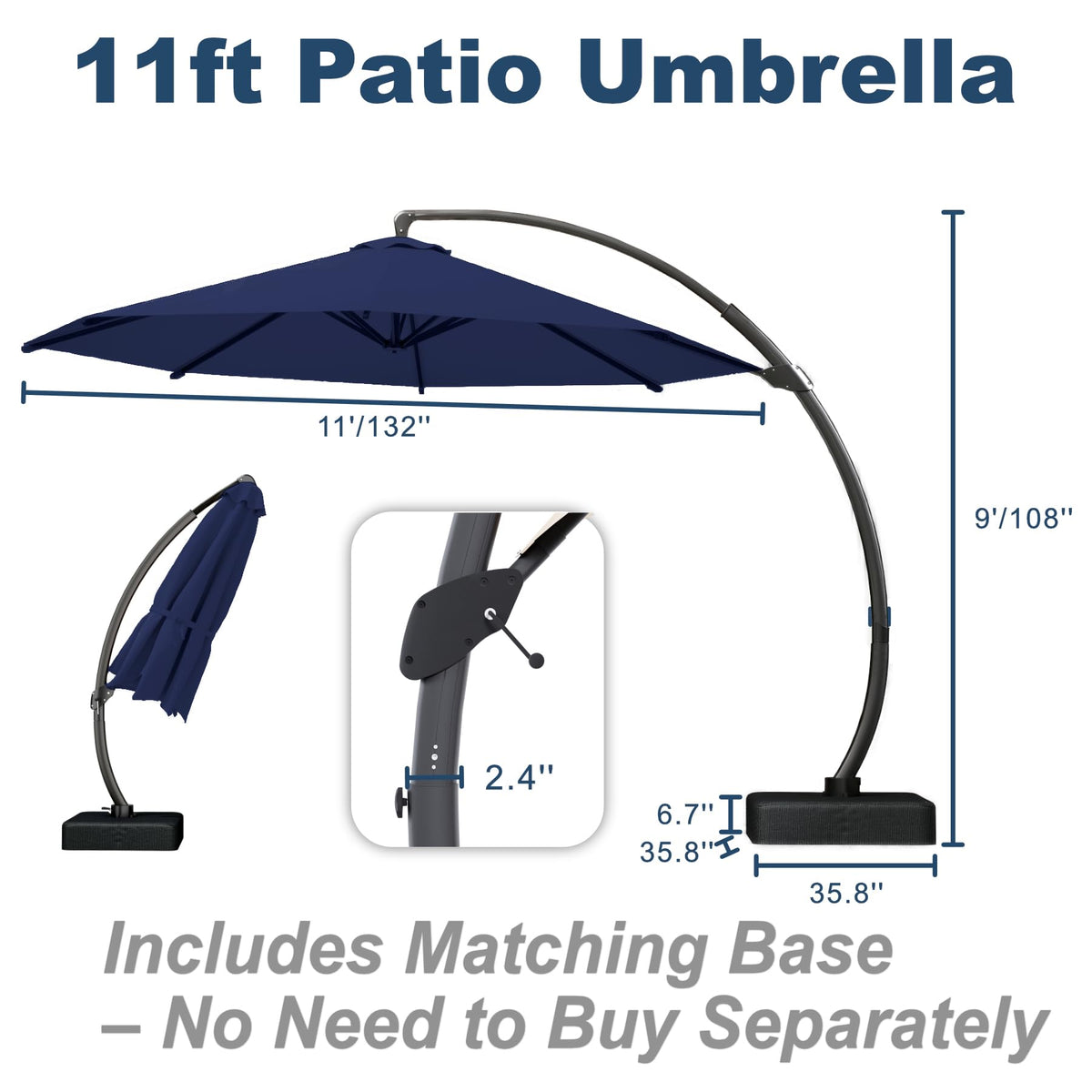 11FT Navy Blue Aluminum Cantilever Umbrella with Base Z5885