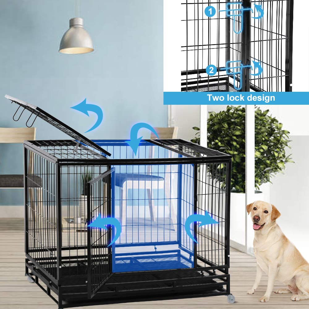 48" Heavy Duty Metal Dog Crate with Lockable Wheels, Double Door & Tray, Black V864
