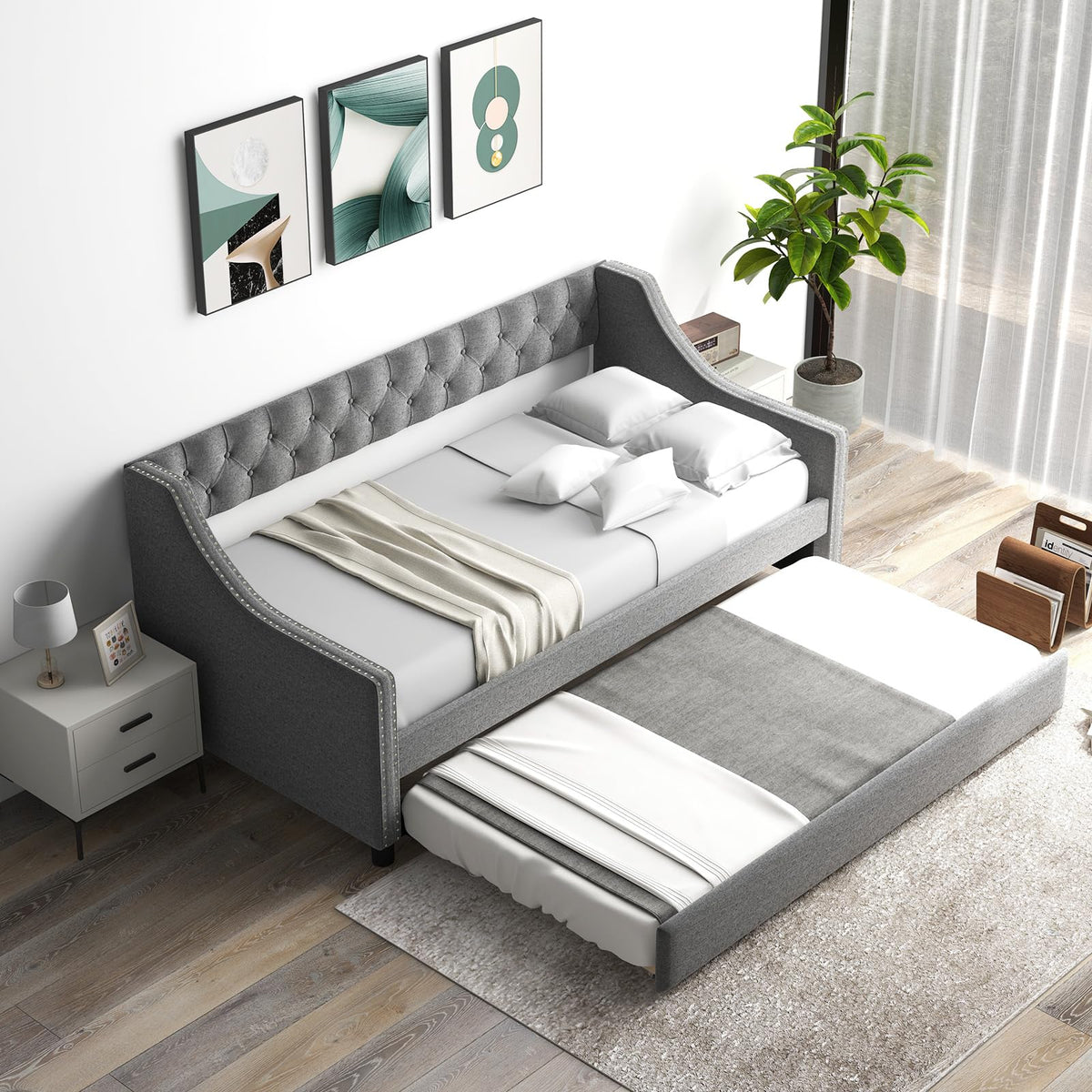 Grey Upholstered Twin Daybed with Trundle N9302