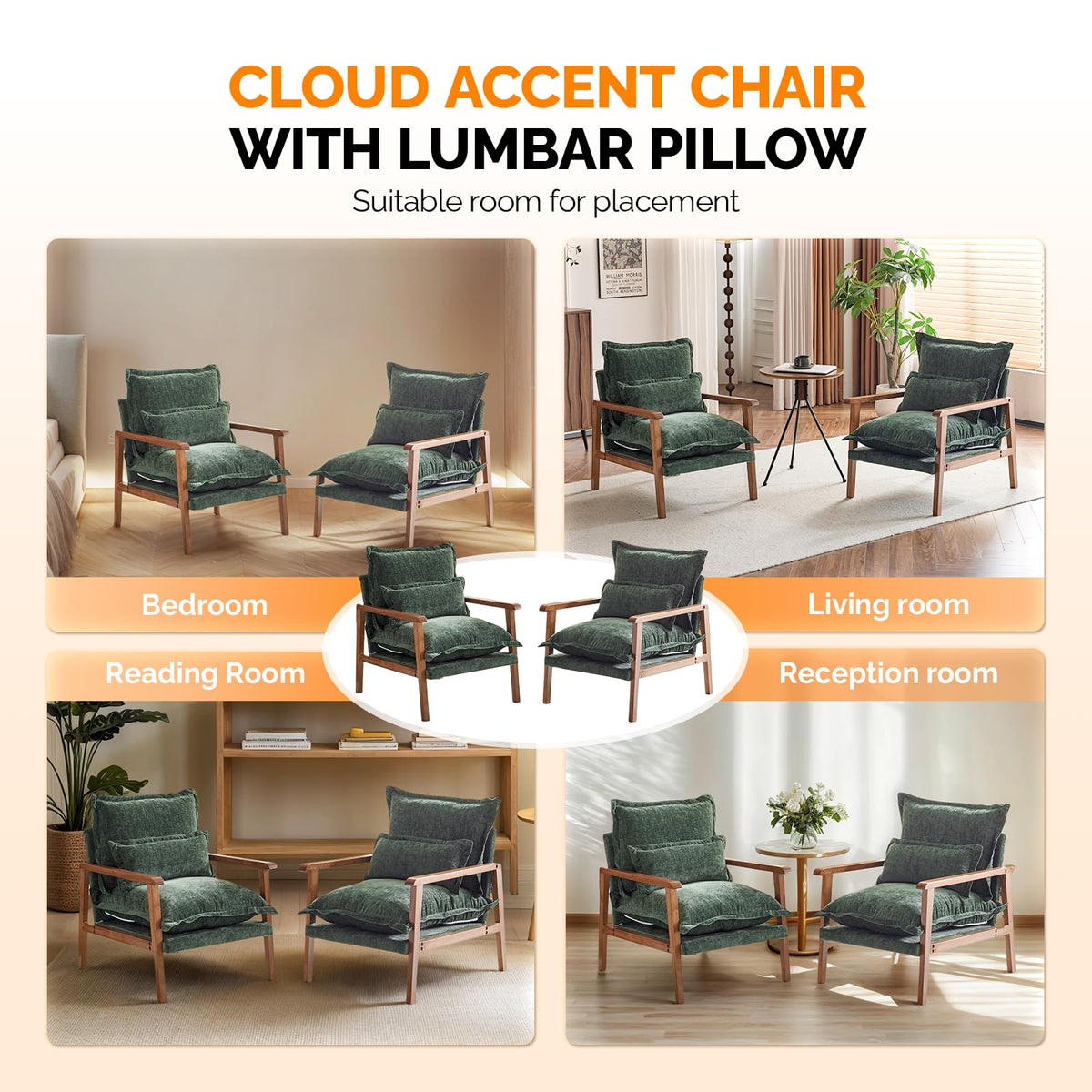Dark Green Chenille Accent Armchairs Set of 2 with Lumbar Pillow A378738