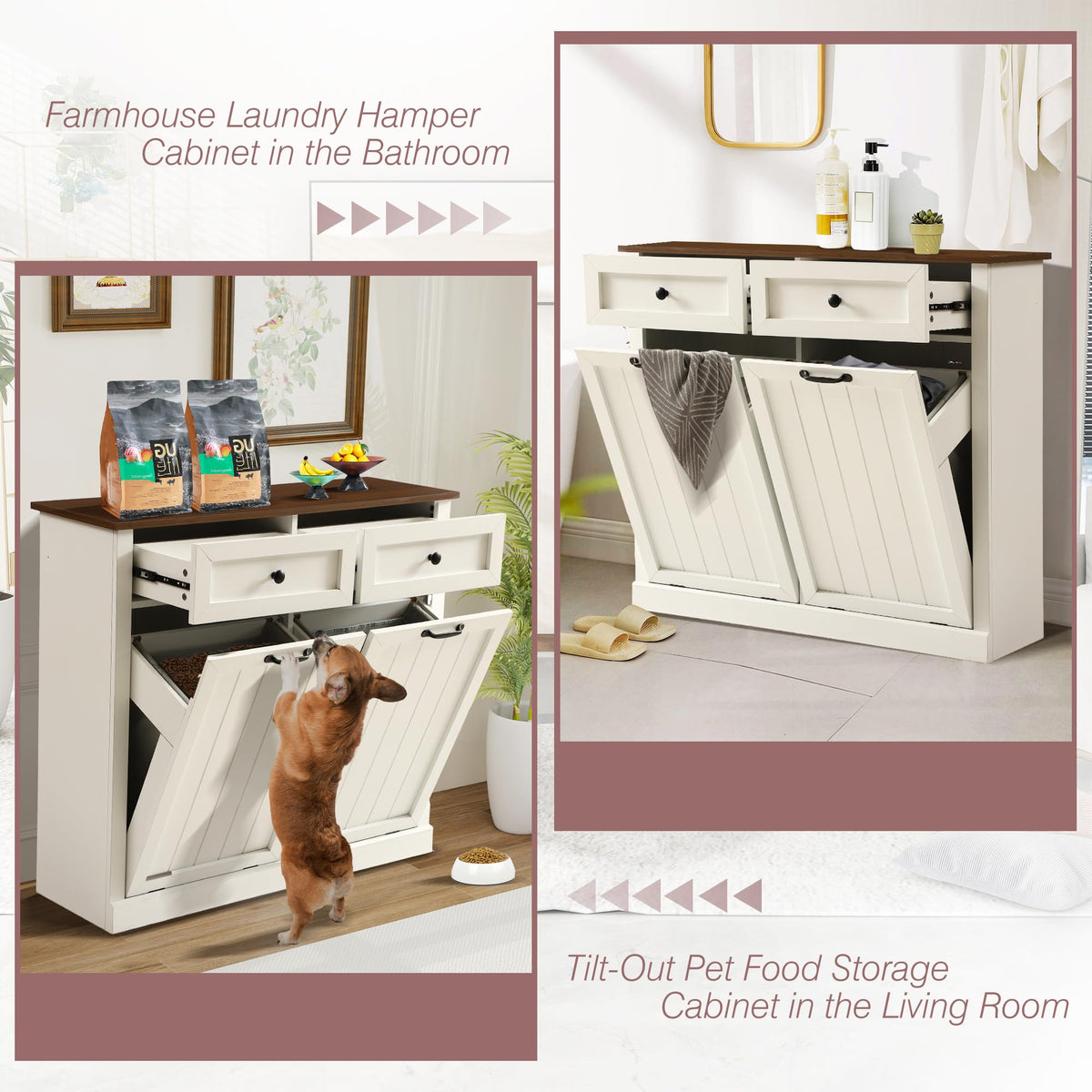 White 22 Gallon Wooden Laundry Hamper Cabinet with 2 Drawers L93363