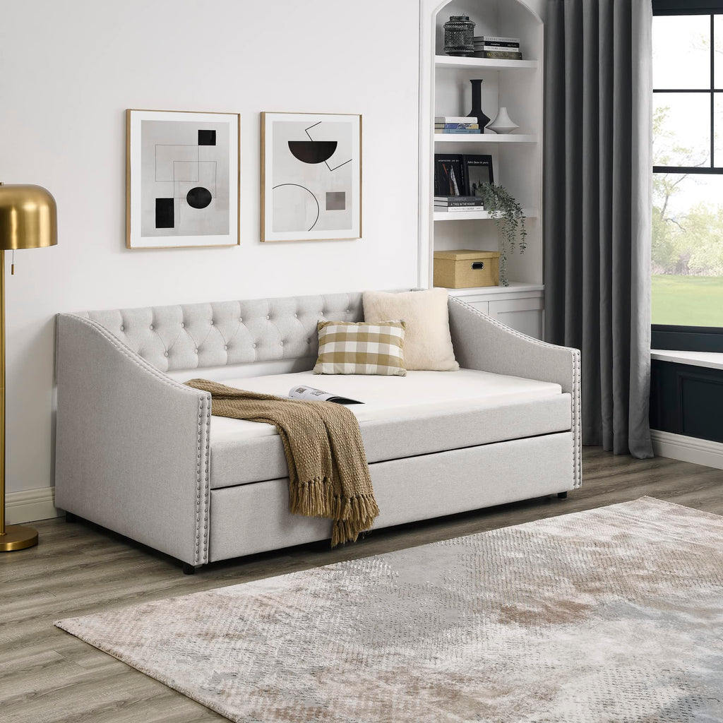 Upholstered Button Tufted Twin Size Daybed with Trundle A70129