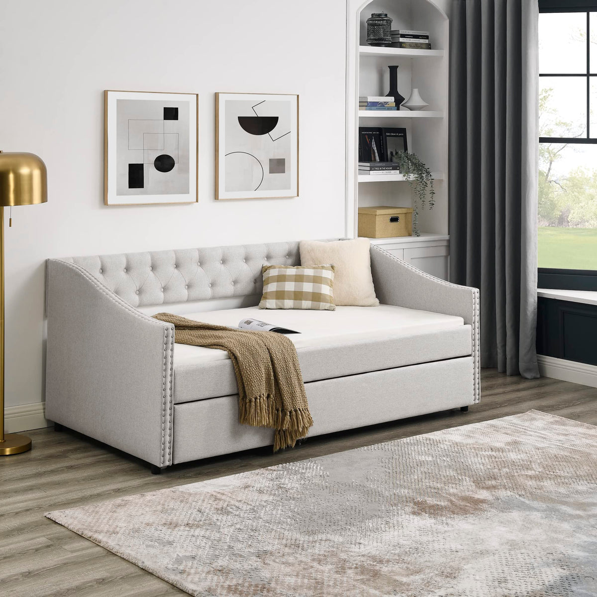 Upholstered Button Tufted Twin Size Daybed with Trundle A70129