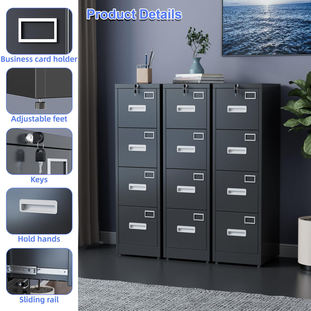 Black 4-Drawer Metal File Cabinet with Lock S86534
