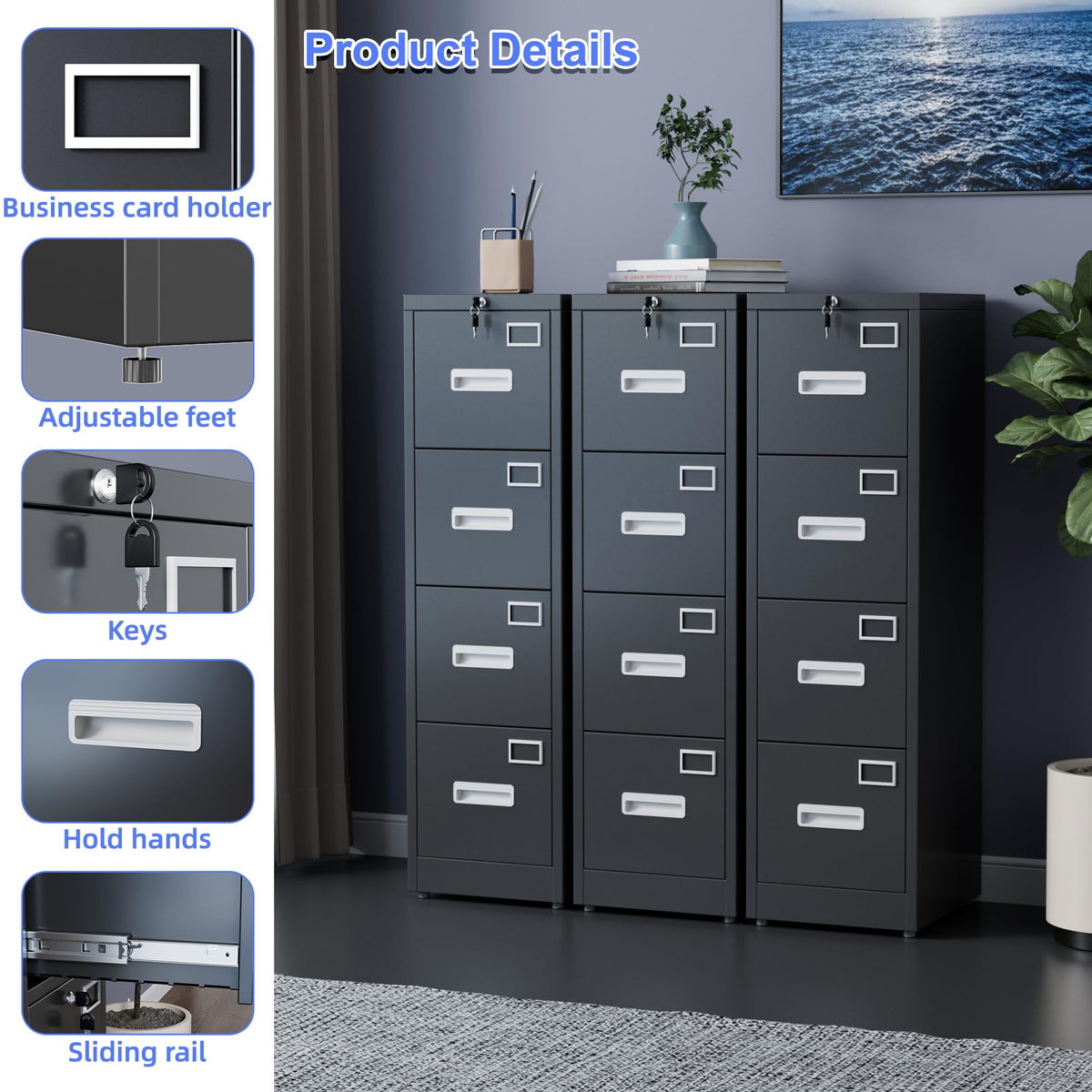 Black 4-Drawer Metal File Cabinet with Lock S86534