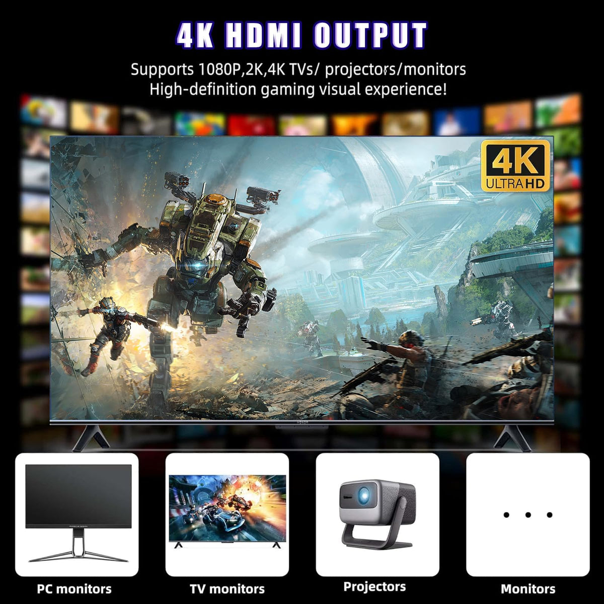 Wireless Retro Gaming Console Game Stick with 4K HDMI Output and 2 Wireless Controllers V7362