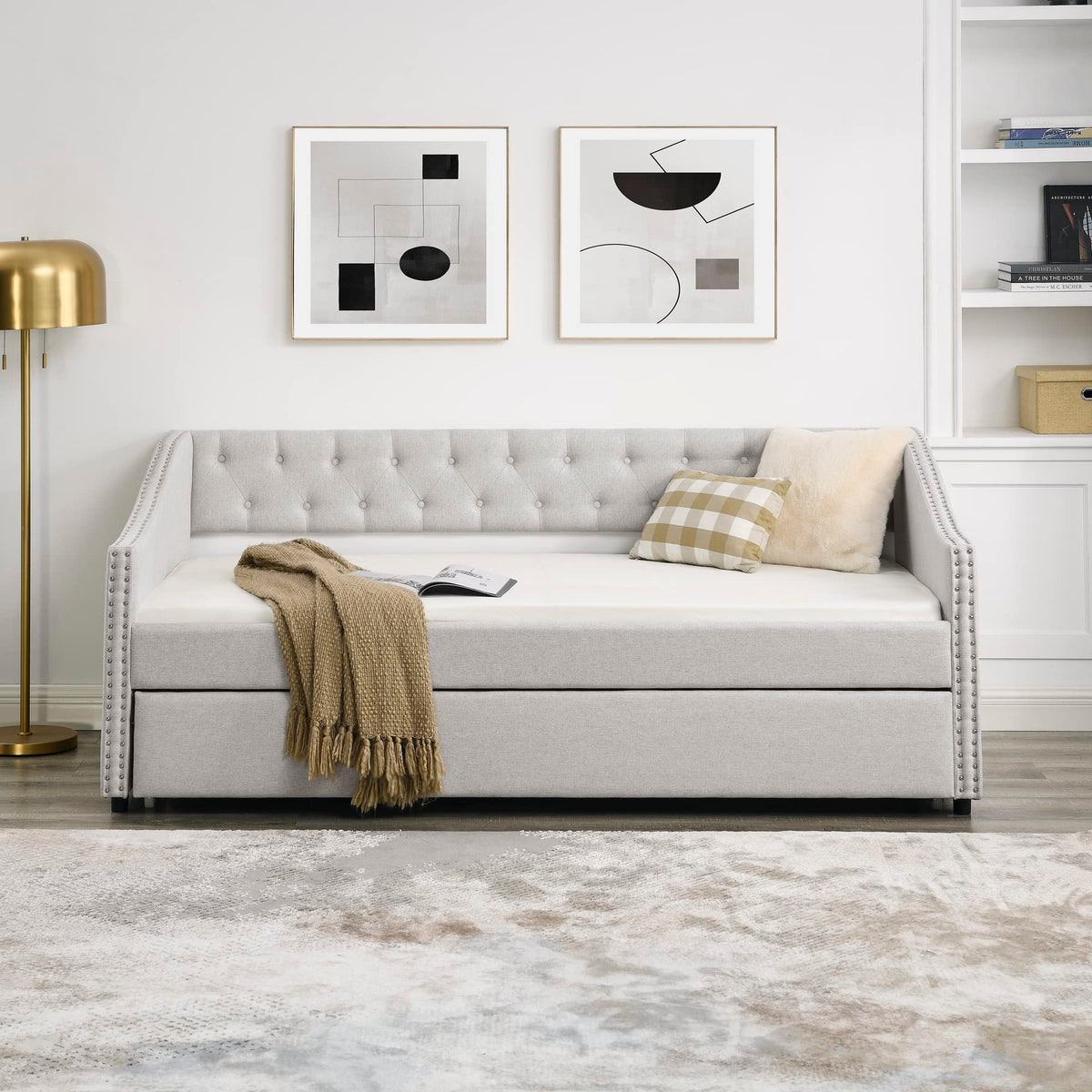 Upholstered Button Tufted Twin Size Daybed with Trundle A70129