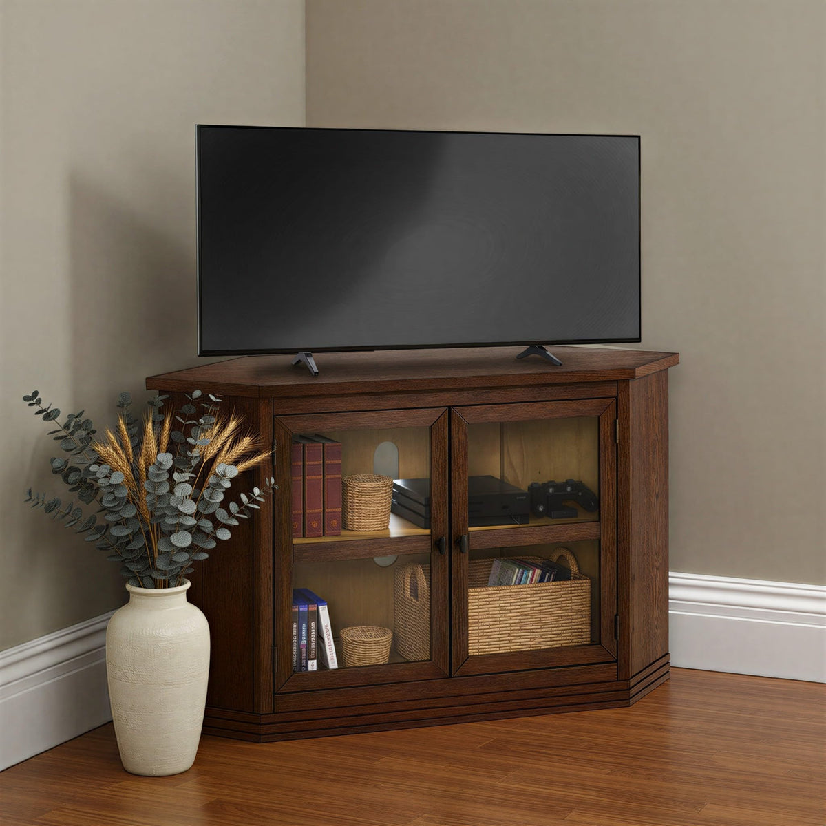Cocoa Brown Wood and Glass Corner TV Stand A424913