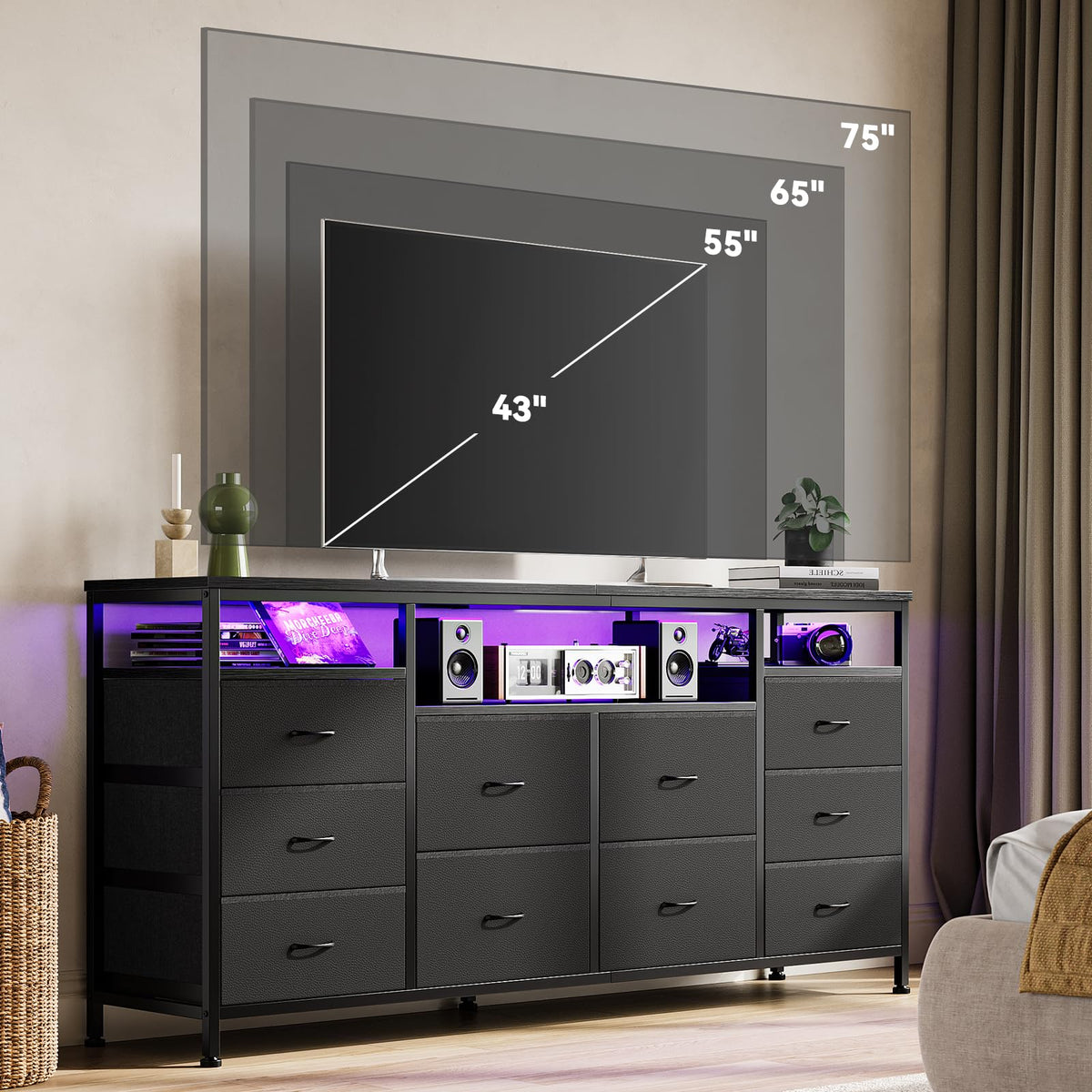 Black 10 Drawer Dresser TV Stand O27415