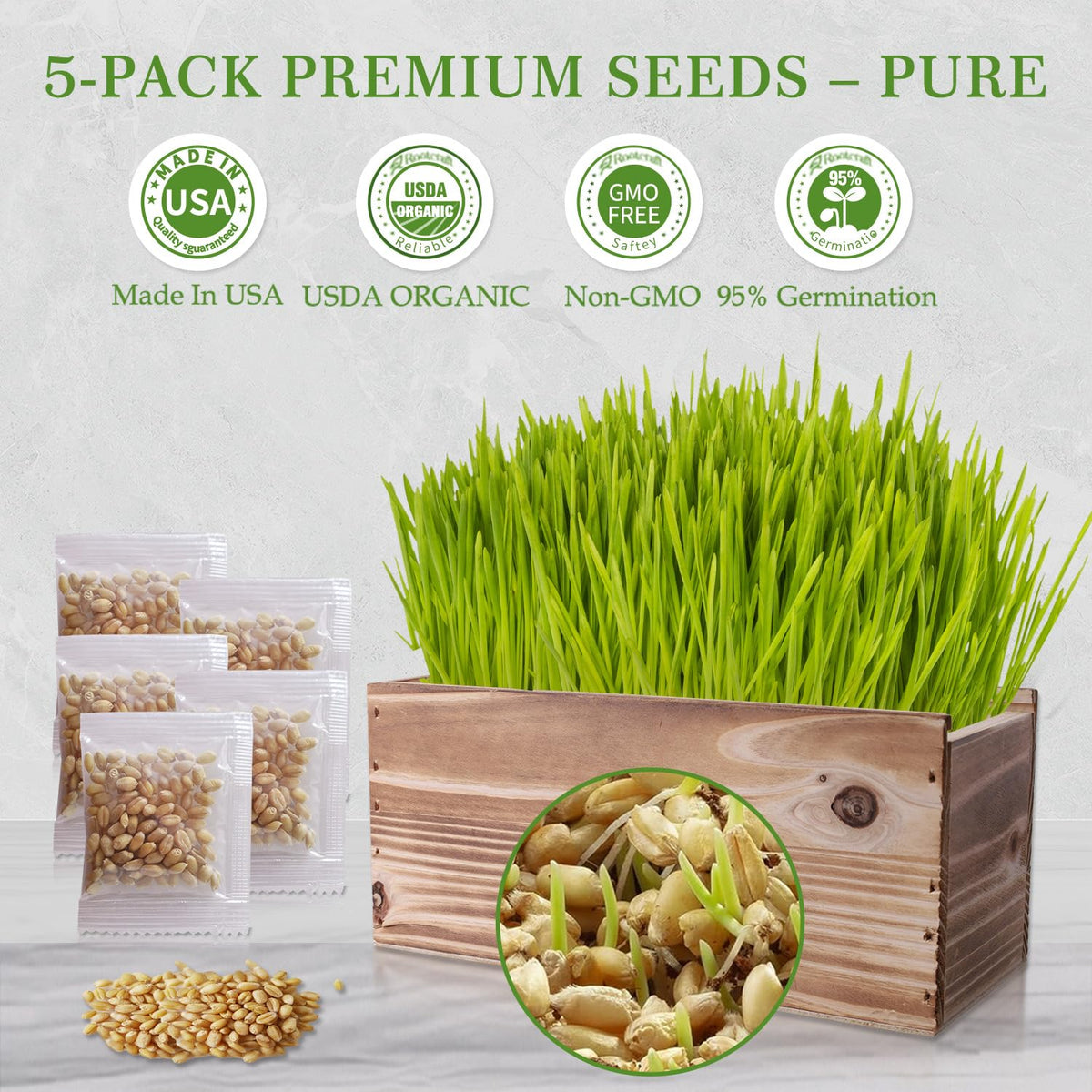 Non-GMO Wheatgrass Cat Grass Kit with Wood Planter Soil & Tools 17-Piece Set D327458