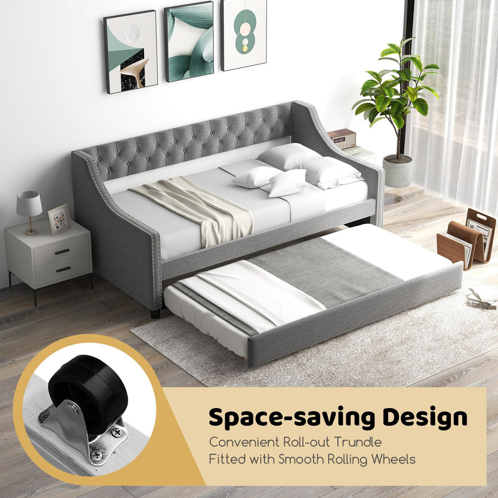 Grey Upholstered Twin Daybed with Trundle N9302