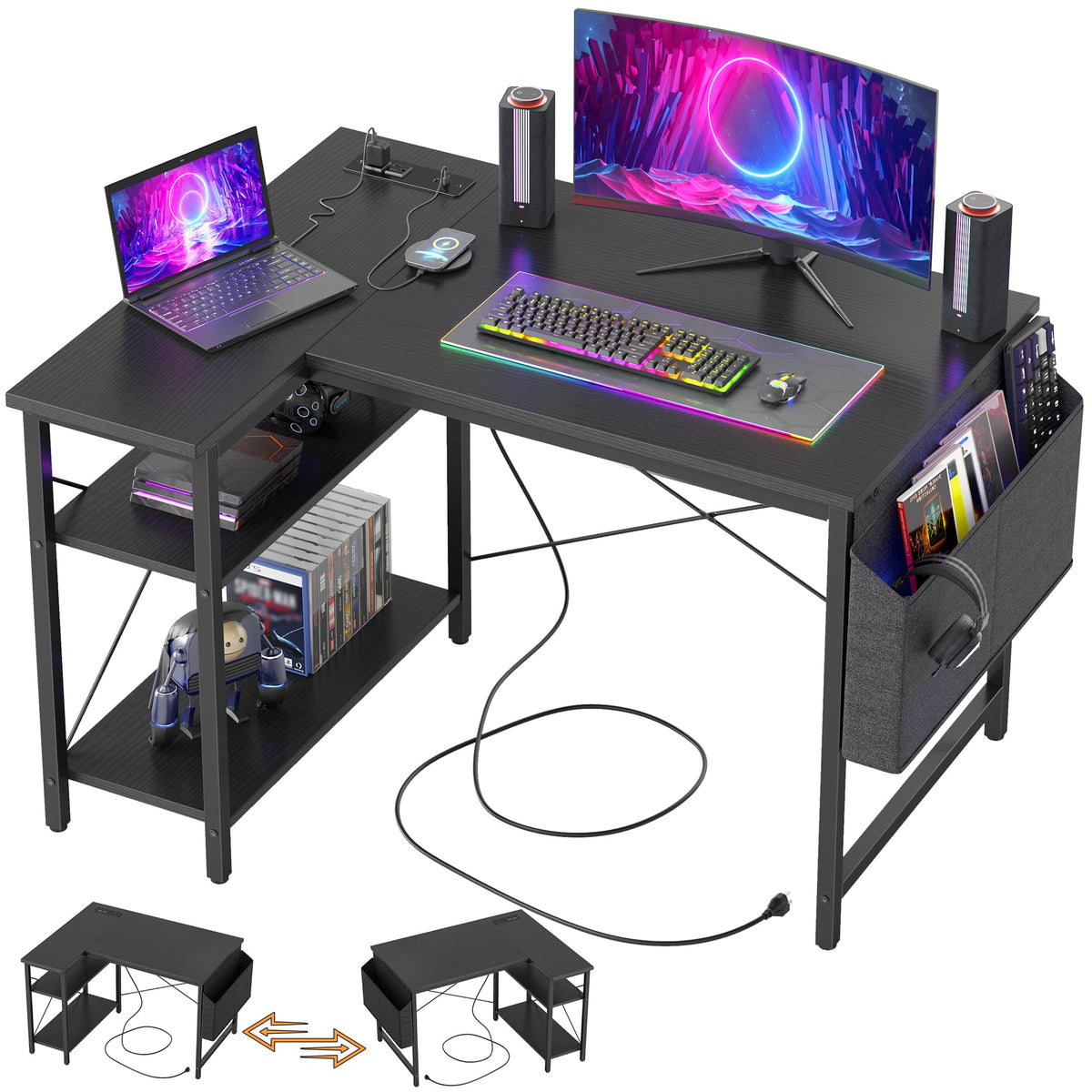 40 inch L Shaped Computer Desk with Power Outlets H43673