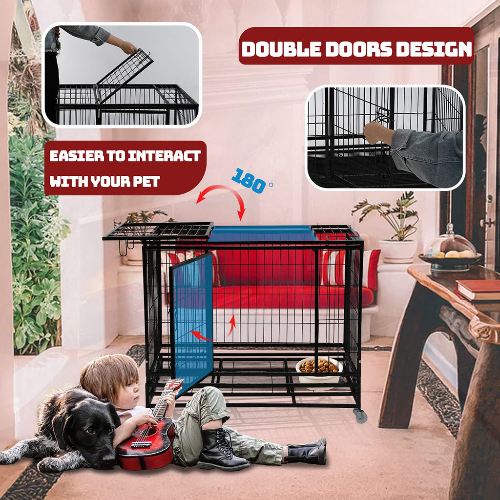 48 inch Heavy Duty Foldable Dog Crate with Lockable Wheels J58152