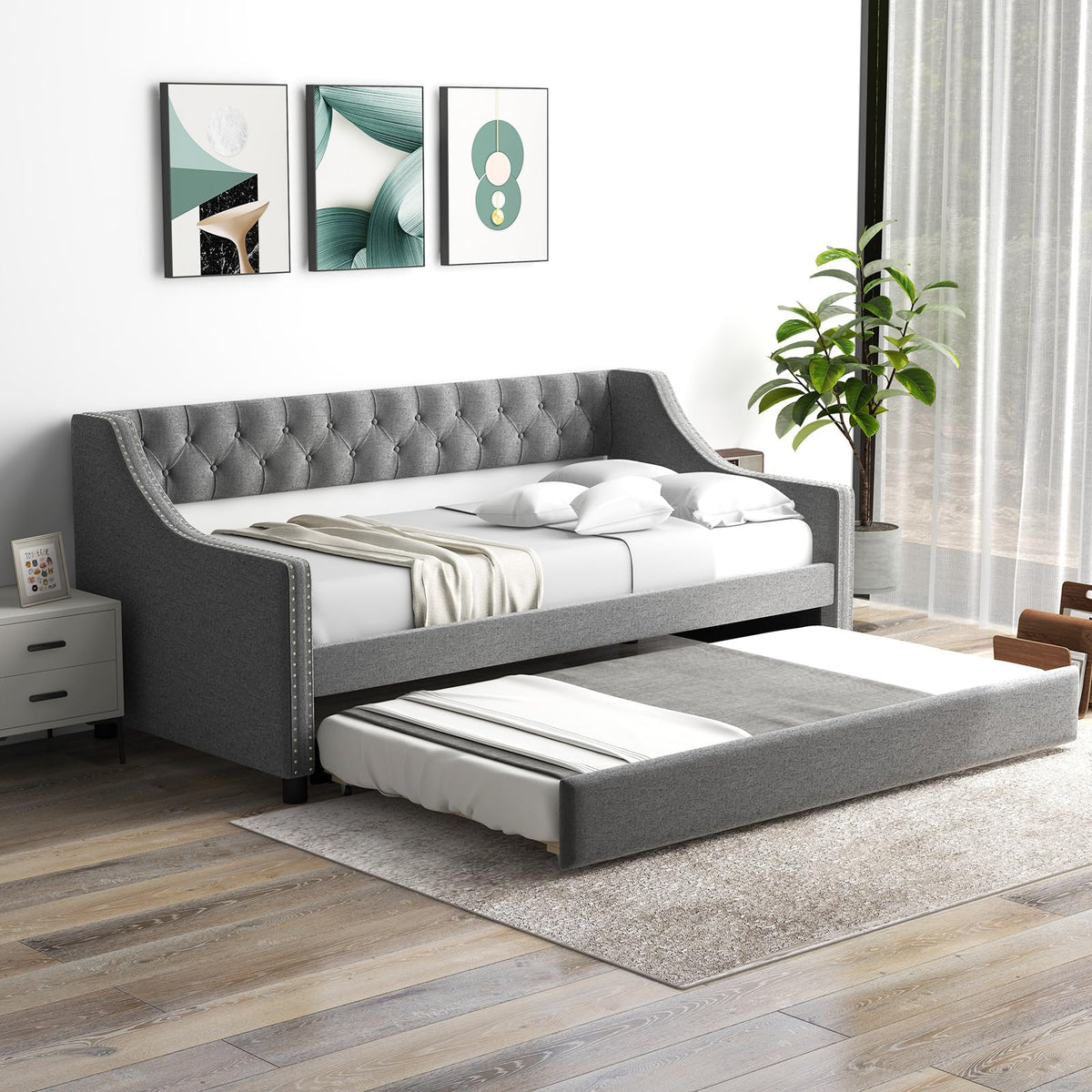 Grey Upholstered Twin Daybed with Trundle N9302