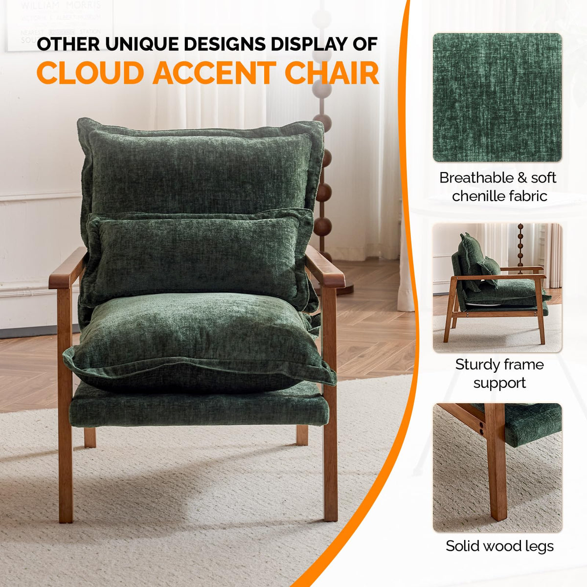 Dark Green Chenille Accent Armchairs Set of 2 with Lumbar Pillow A378738