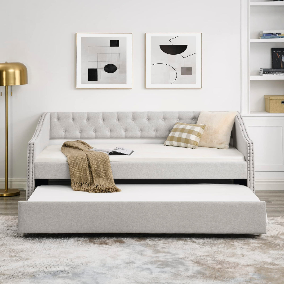 Upholstered Button Tufted Twin Size Daybed with Trundle A70129