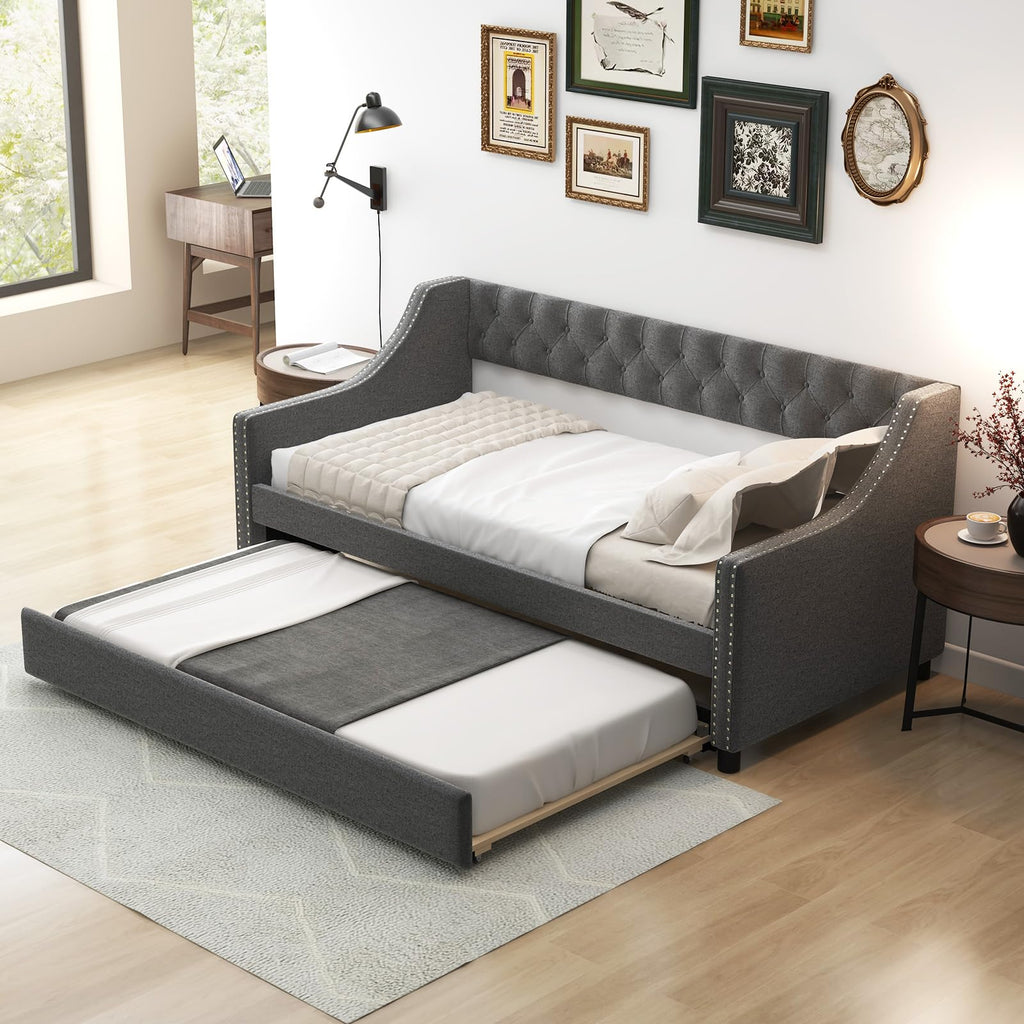 Grey Upholstered Twin Daybed with Trundle N9302