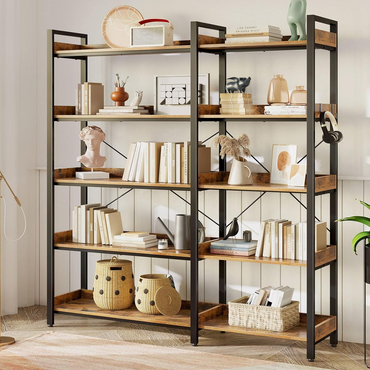 L-Shaped Corner Bookshelf 5 Tier Industrial Bookcase with 4 Hooks J6970