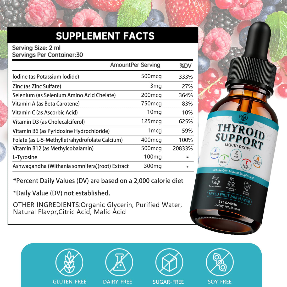 Liquid Thyroid Support Drops with Selenium Zinc Iodine L-Tyrosine Ashwagandha W37913