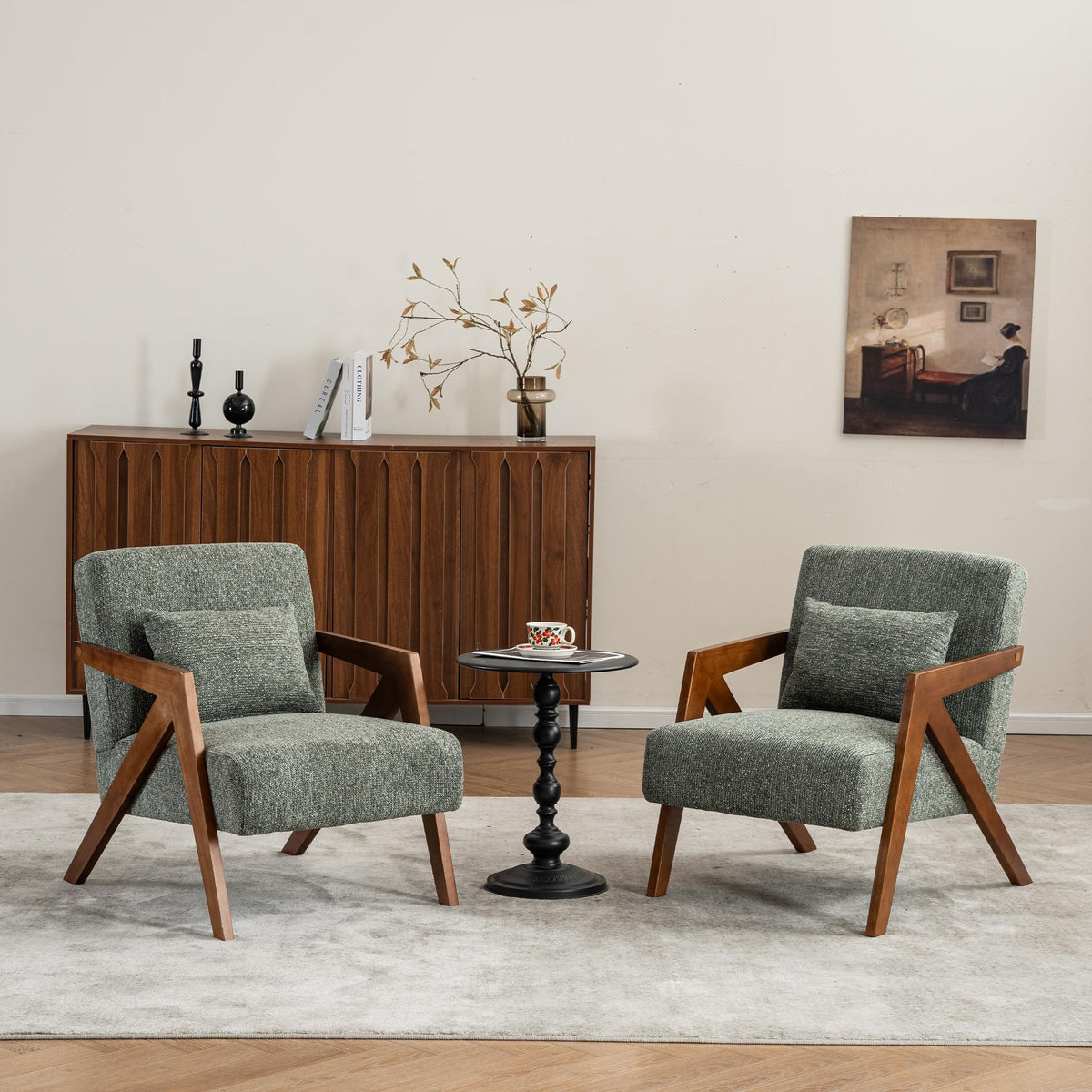 Mid-Century Modern Chenille Accent Chair Set of 2 with Wood Frame J50981