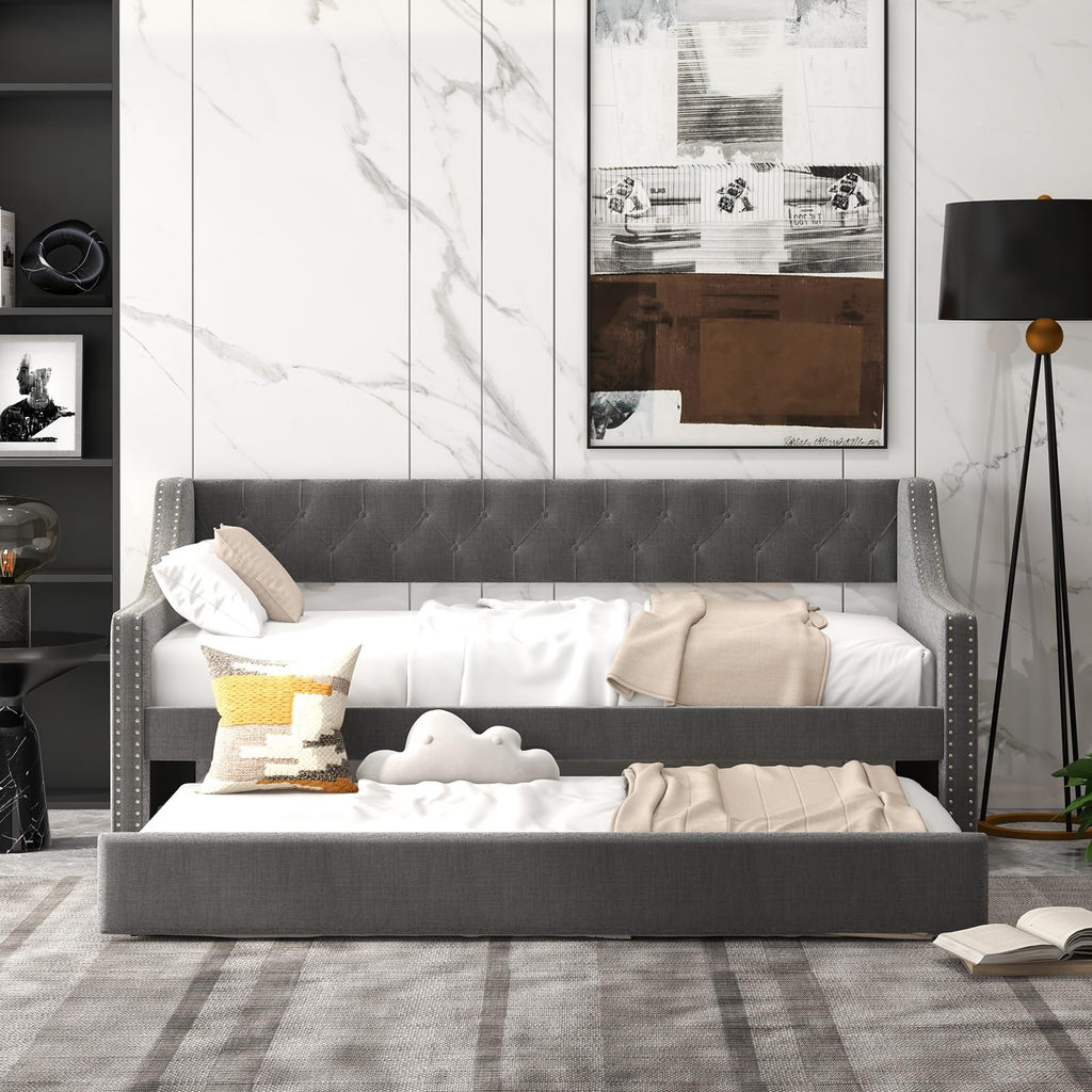 Grey Upholstered Twin Daybed with Trundle N9302