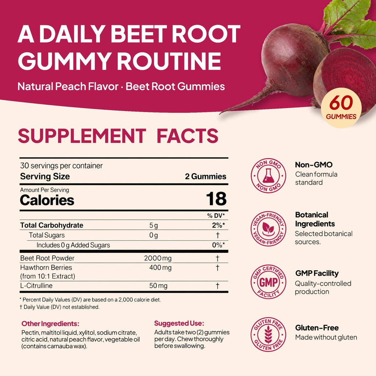Beet Root Gummies 60 Count Vegan Non-GMO Gluten Free O96779