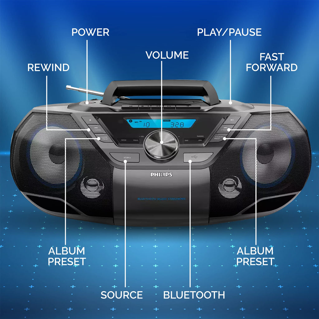 Portable CD Player Boombox with Cassette Player Bluetooth Stereo V6346