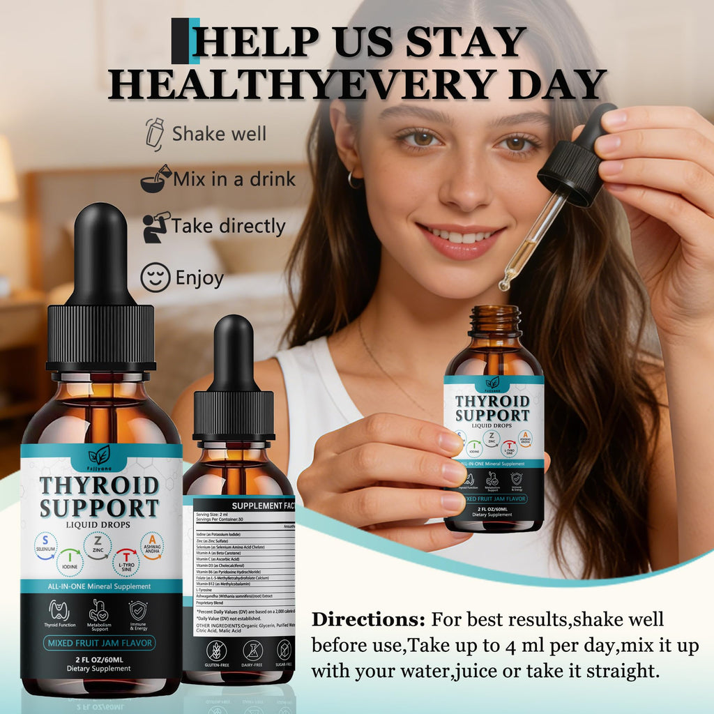 Liquid Thyroid Support Drops with Selenium Zinc Iodine L-Tyrosine Ashwagandha W37913