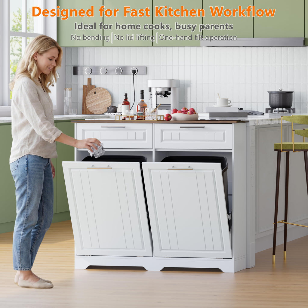 Double 10 Gallon Tilt Out Trash Can Cabinet with Power Outlet, White U350840