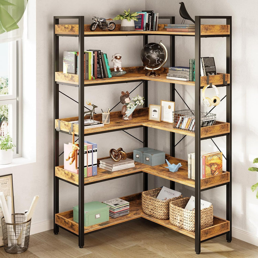 L-Shaped Corner Bookshelf 5 Tier Industrial Bookcase with 4 Hooks J6970