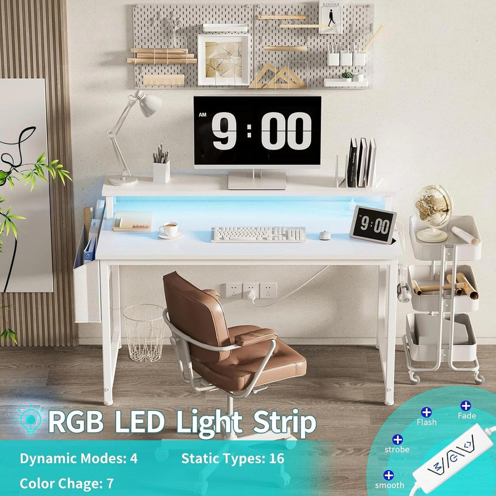 White 40 Inch Computer Desk with LED Lights and Power Outlets K868112