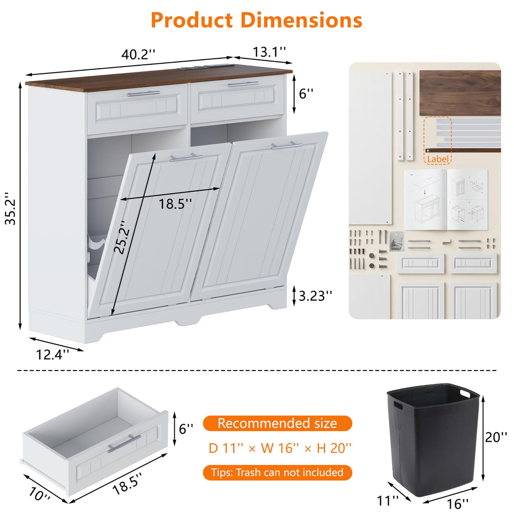 Double 10 Gallon Tilt Out Trash Can Cabinet with Power Outlet, White U350840