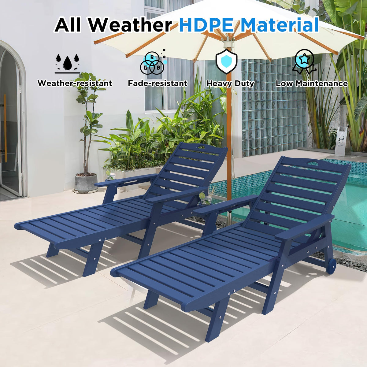 Set of 2 Outdoor Chaise Lounge Chairs with Wheels & Cup Holder K649