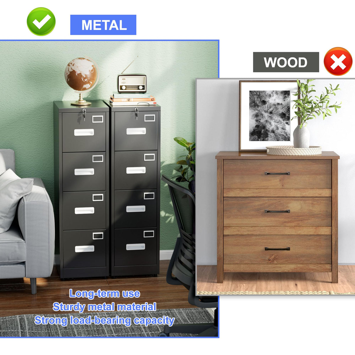 Black 4-Drawer Metal File Cabinet with Lock S86534