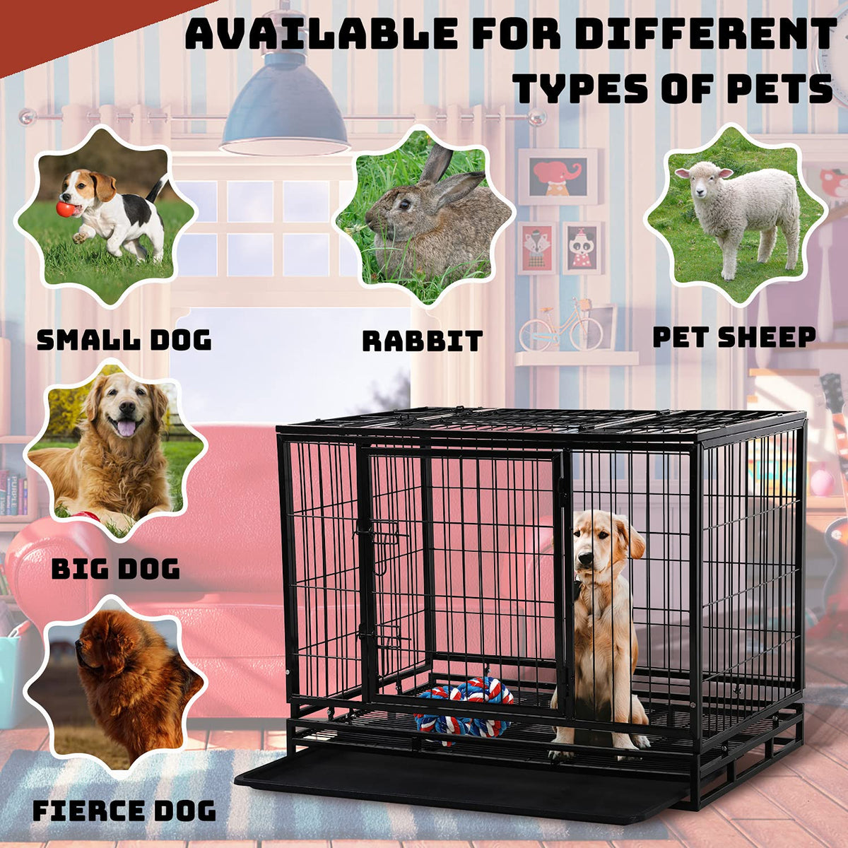 48 inch Heavy Duty Foldable Dog Crate with Lockable Wheels J58152