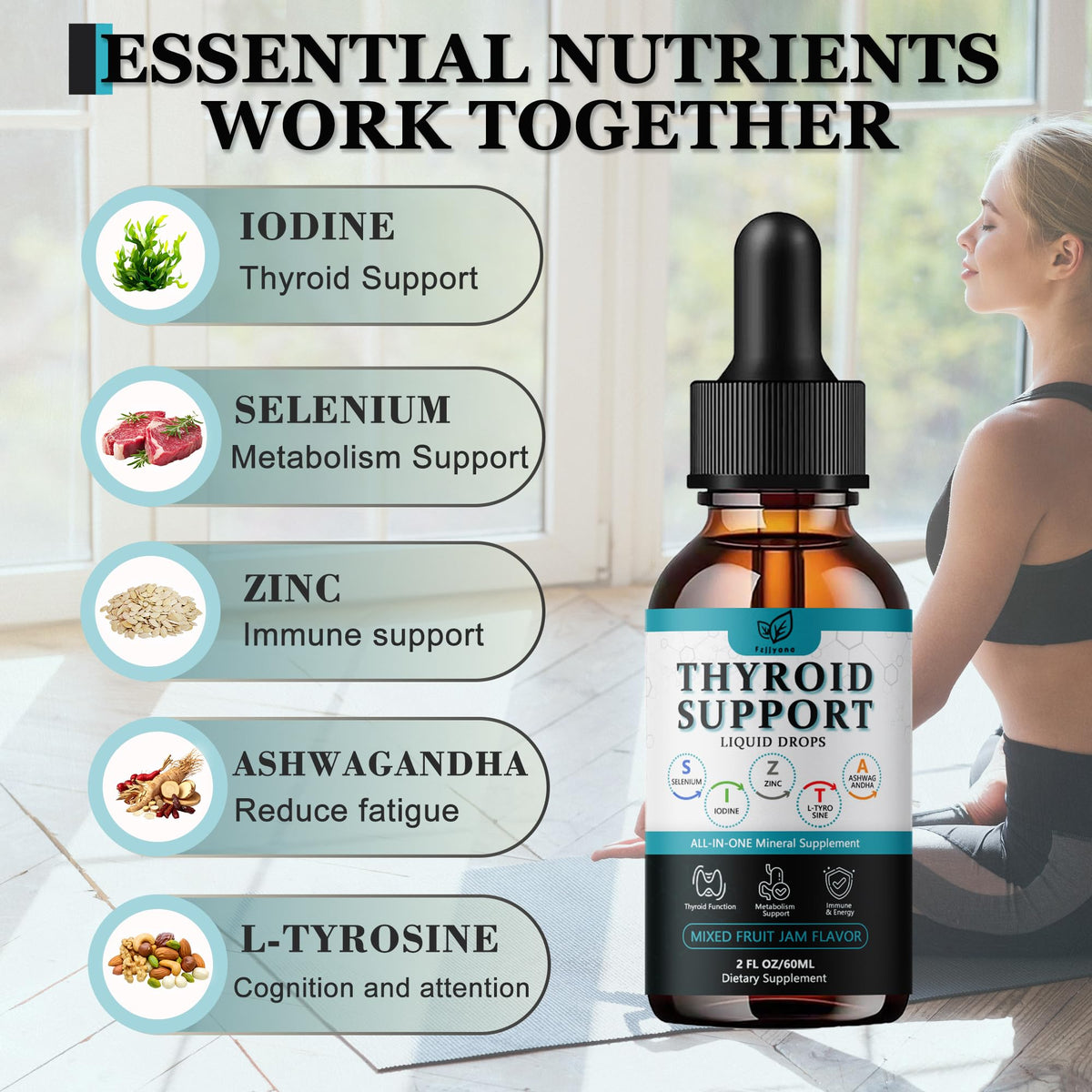Liquid Thyroid Support Drops with Selenium Zinc Iodine L-Tyrosine Ashwagandha W37913