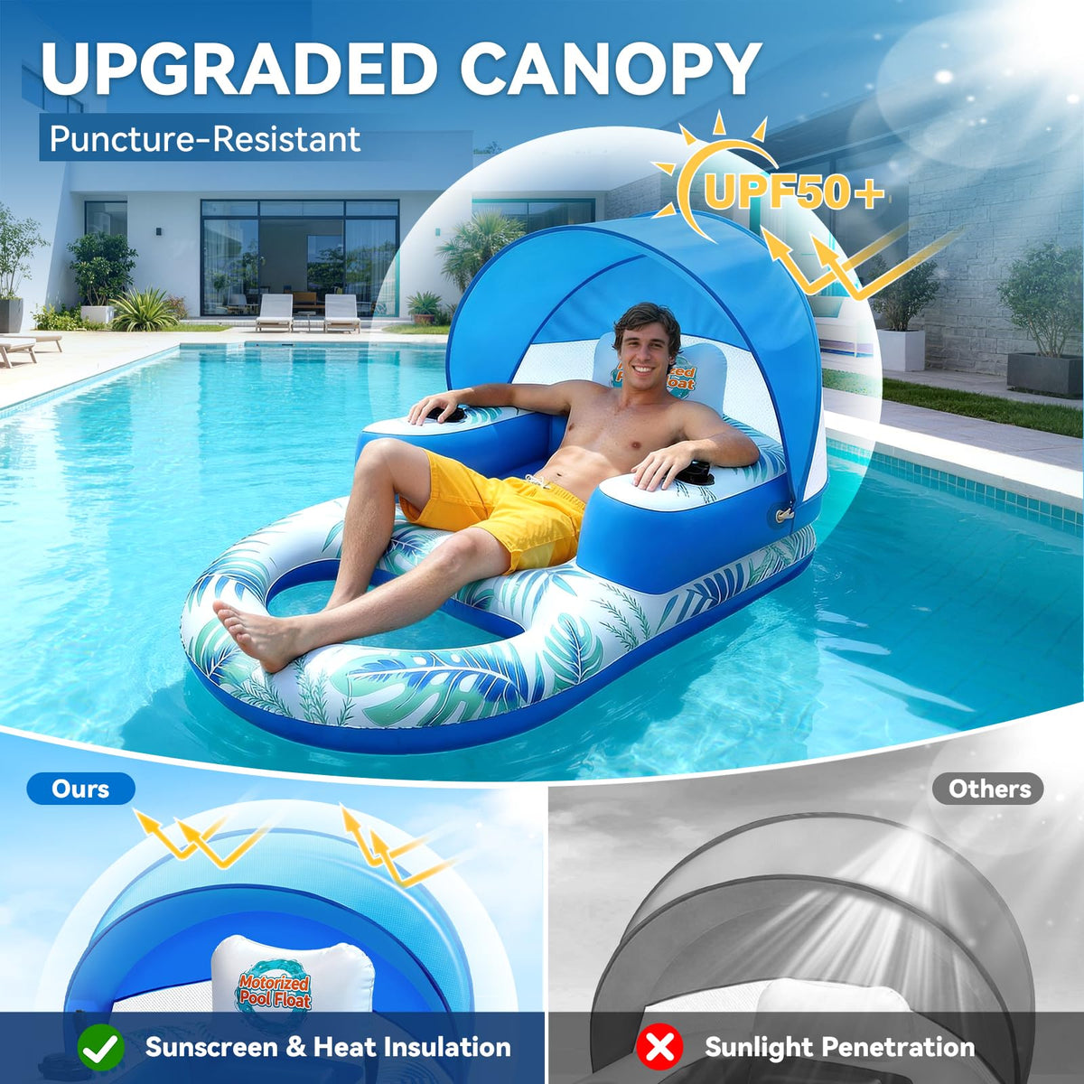 Rechargeable Motorized Pool Float Lounger with Canopy and Cup Holder Q4940