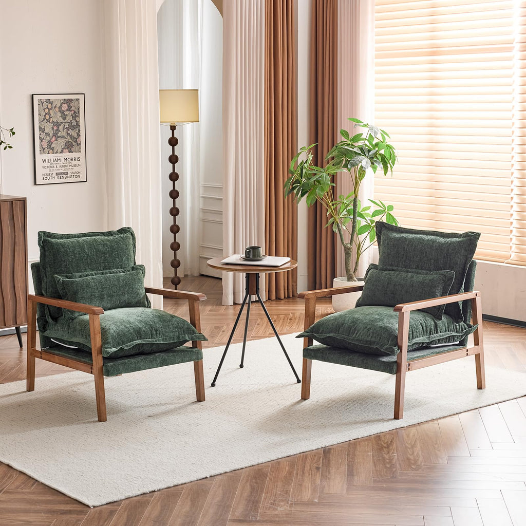 Dark Green Chenille Accent Armchairs Set of 2 with Lumbar Pillow A378738